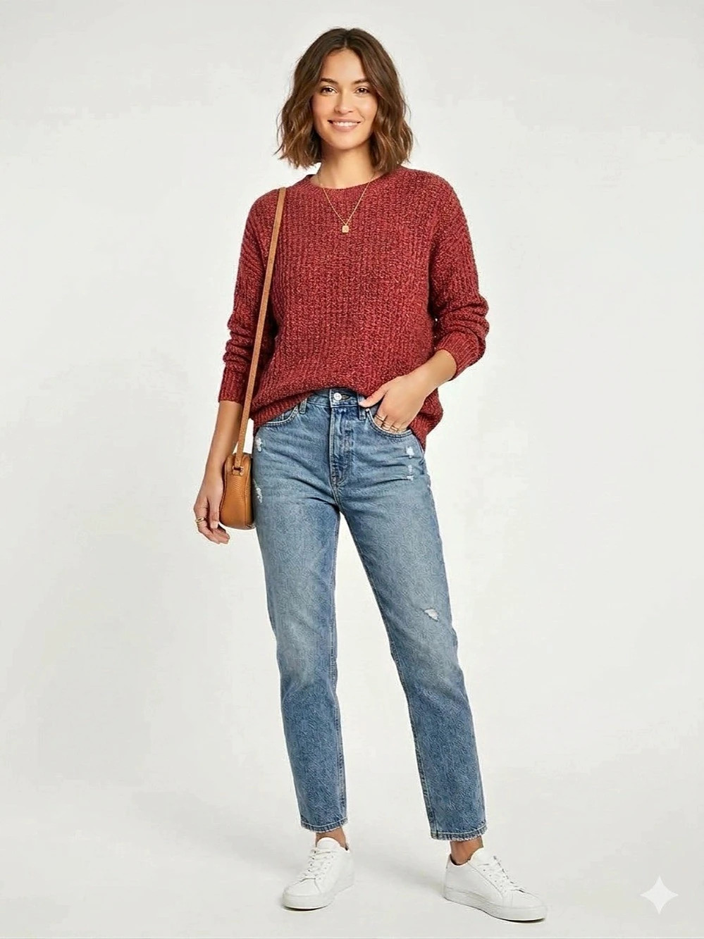 Staccato Textured Knit Sweater in Red with Blue and Yellow Speckles